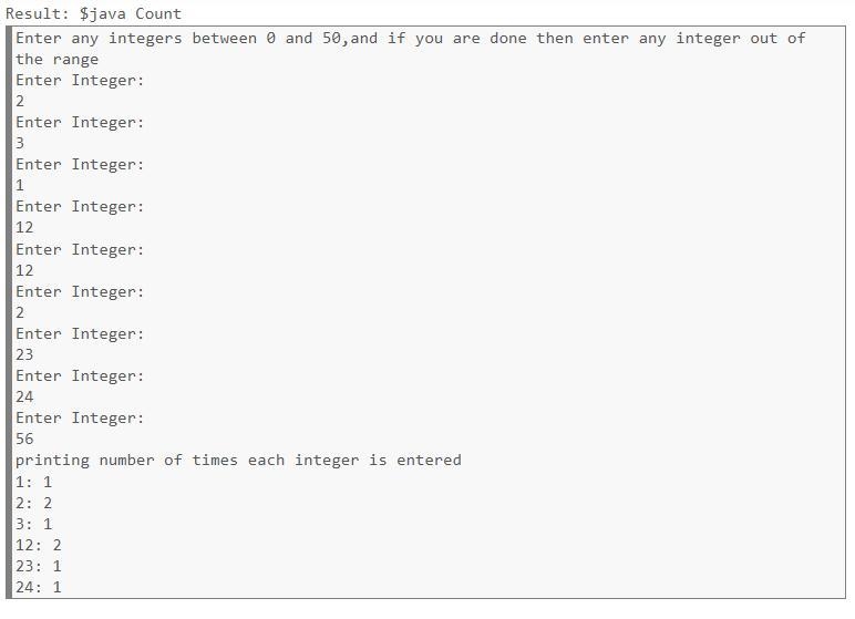 Write a program that reads an arbitrary number of integer that are in the range 0 - 50 inclusive-example-1