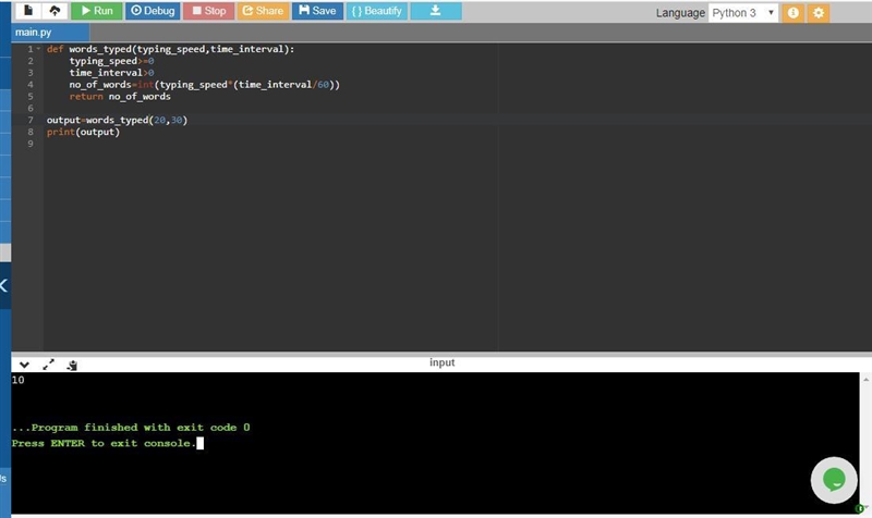 Write the definition of a function words_typed, that receives two parameters. The-example-1