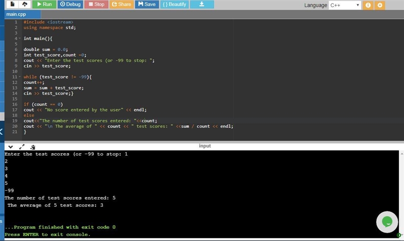 Write a sentinel-controlled while loop that accumulates a set of integer test scores-example-1