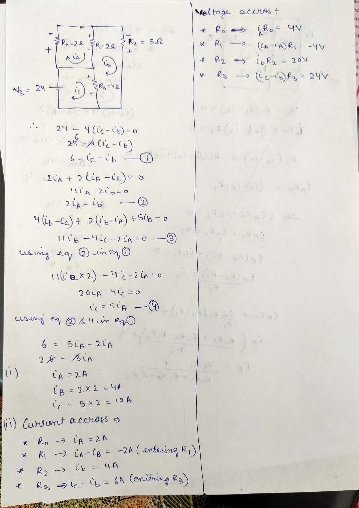 Consider the electrical circuit below and assume Vs=24V, R0=2, R1=2, R2=5. R3=4. Using-example-1