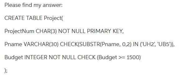 Write one DDL statement to add a new table Project into exam1. It contains the followingthree-example-1