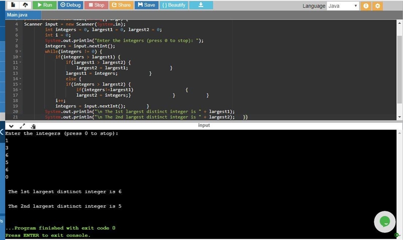 Write a Java application with a main() to find the two largest distinct integers entered-example-1