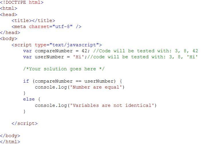 Compare userNumber with compareNumber and display 'Numbers are not equal' if the numbers-example-3