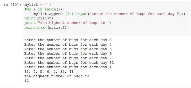 A bug collector collects bugs every day for seven days. Write a program in Python-example-1