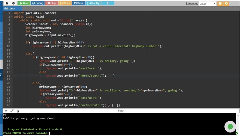 java Primary U.S. interstate highways are numbered 1-99. Odd numbers (like the 5 or-example-1