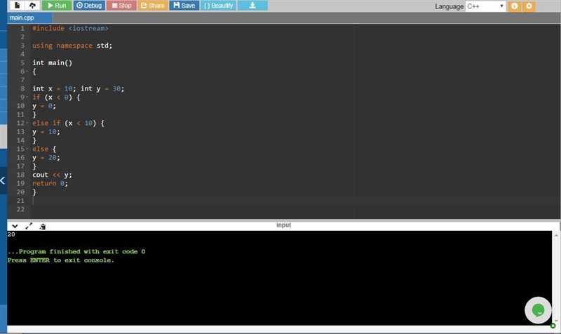 What is the output of the following code? int main() { int x = 10; int y = 30; if-example-1