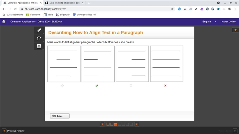 Maia wants to left align her paragraphs. Which button does she press? o-example-1