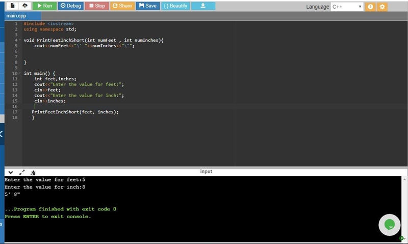 Define a function PrintFeetInchShort, with int parameters numFeet and numInches, that-example-1