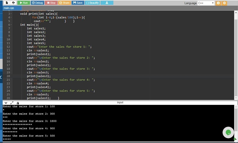 Walmart store wants to compare the sales of five of its stores. Write a complete program-example-1