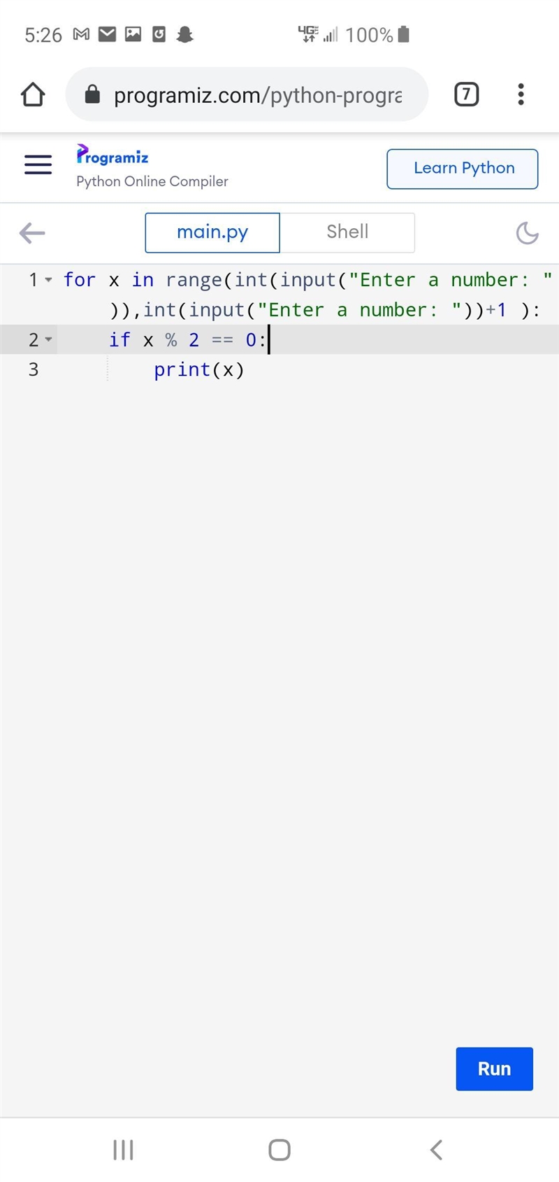 Ask the user for two numbers. Print only the even numbers between them. You should-example-1