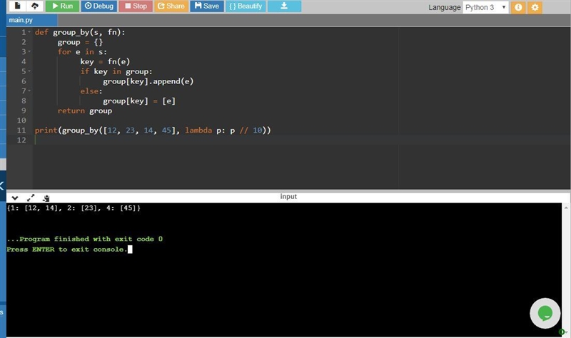 Write a function that takes in a sequence s and a function fn and returns a dictionary-example-1