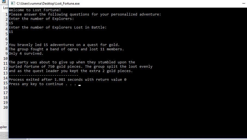 Write a C++ program that produces a simple personalized adventure game called Lost-example-2