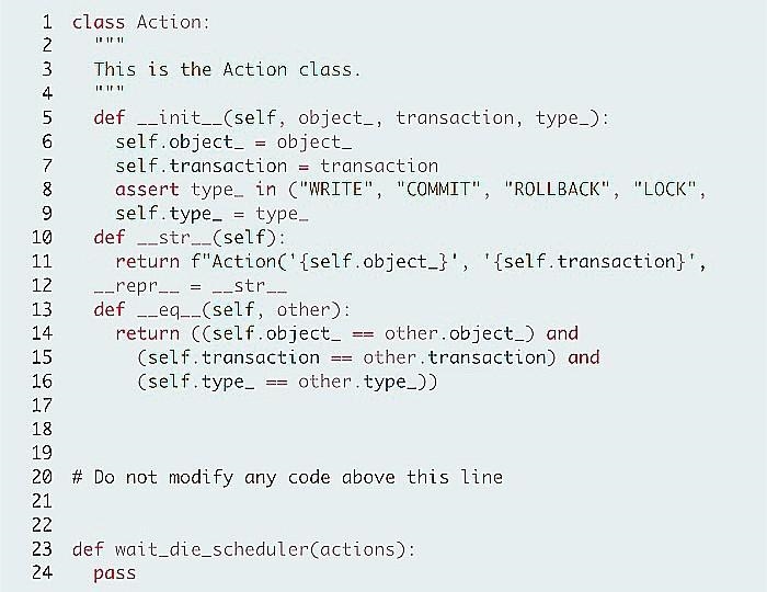 Write a function, named "wait_die_scheduler" that takes a list of actions-example-1