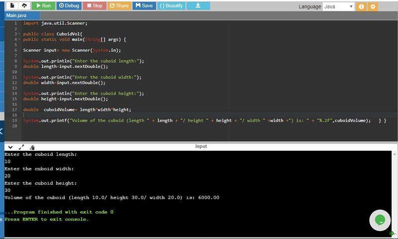 k- Add the code to define a variable of type 'double', with the name 'cuboidVolume-example-1