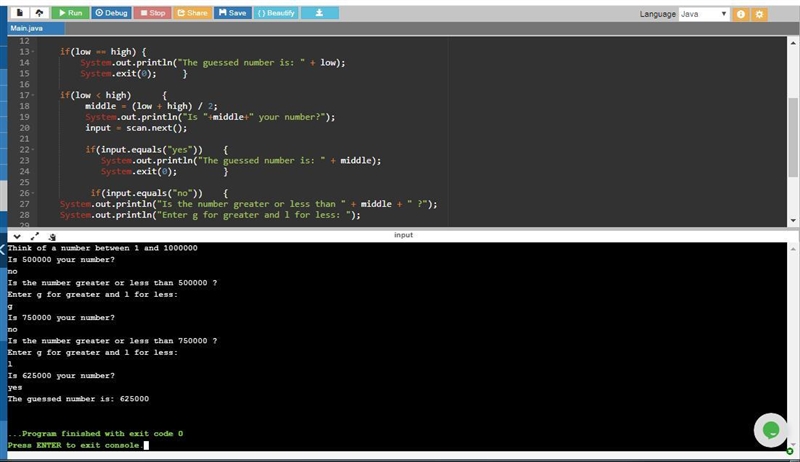 Write a program that asks the user to think of an integer between 1 and 1,000,000, and-example-2