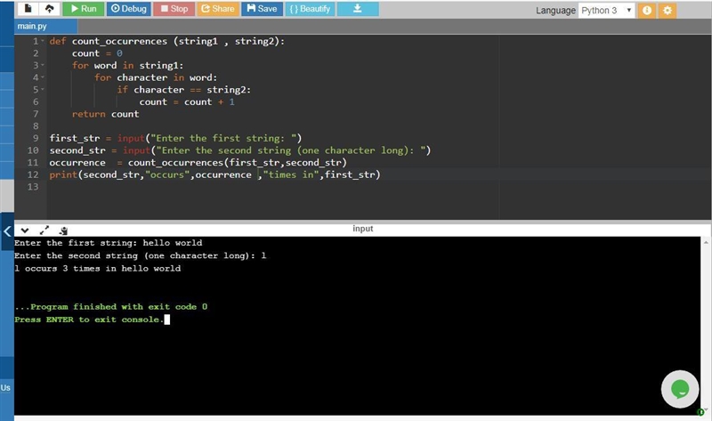 Write a function called count_occurrences that takes two strings. The second string-example-1