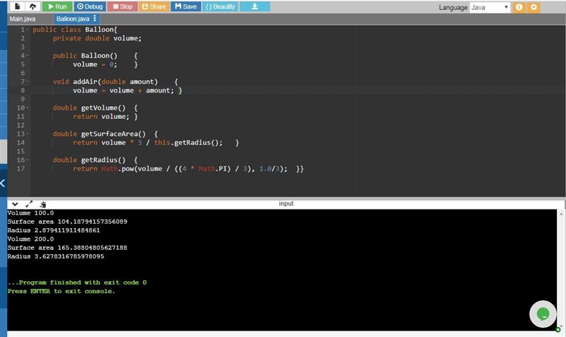 Implement a class Balloon that models a spherical balloon that is being filled with-example-1