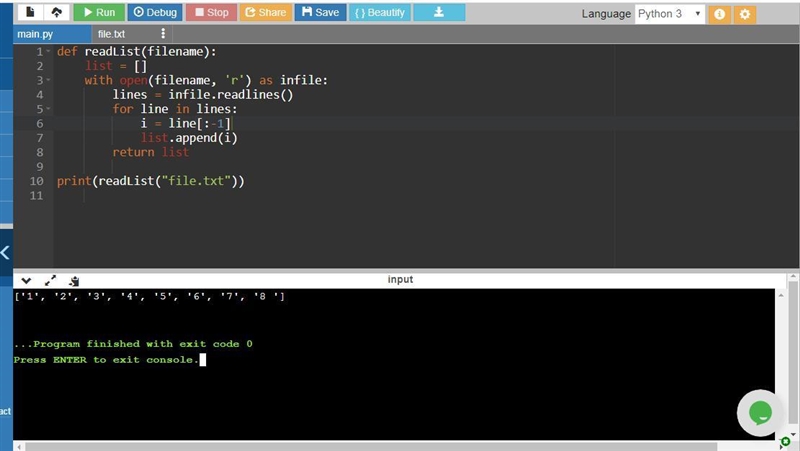 Define a function readList with one parameter, the (string) name of a file to be read-example-1