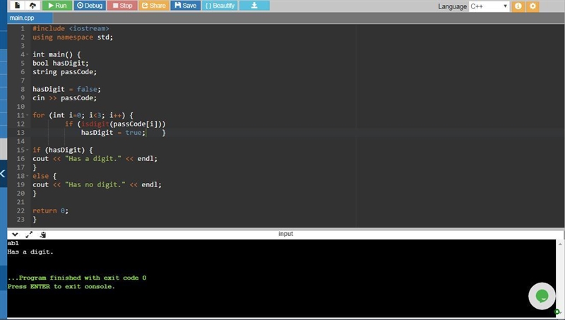 C++ Set hasDigit to true if the 3-character passCode contains a digit. #include #include-example-1