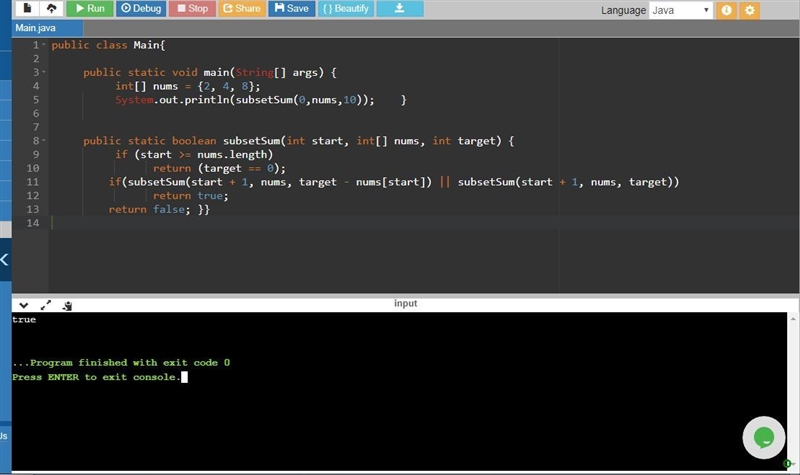 Write a recursive function that takes a start index, array of integers, and a target-example-1