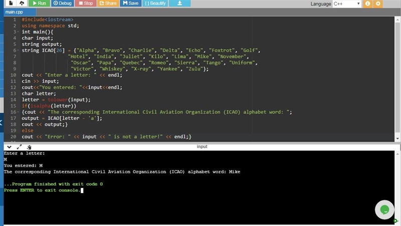 Write a C program that inputs a letter and outputs the corresponding International-example-1