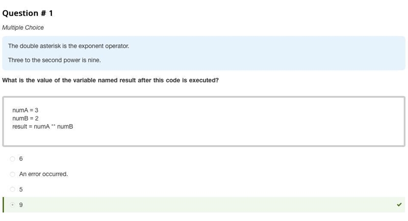 NumA = 3 numB = 2 Result = numA ** numB-example-1