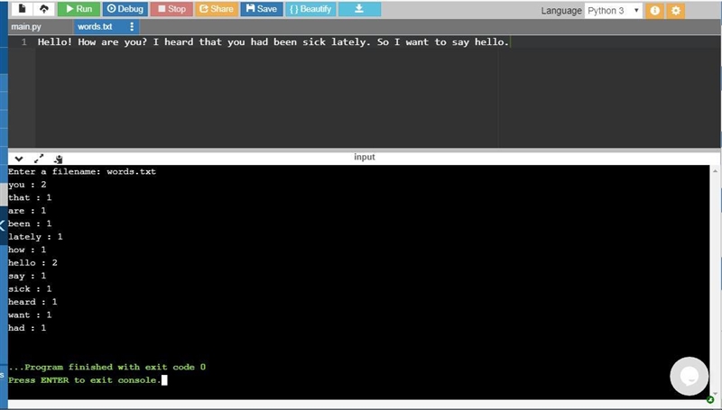 Write a function wordcount() that takes the name of a text file as input and prints-example-2