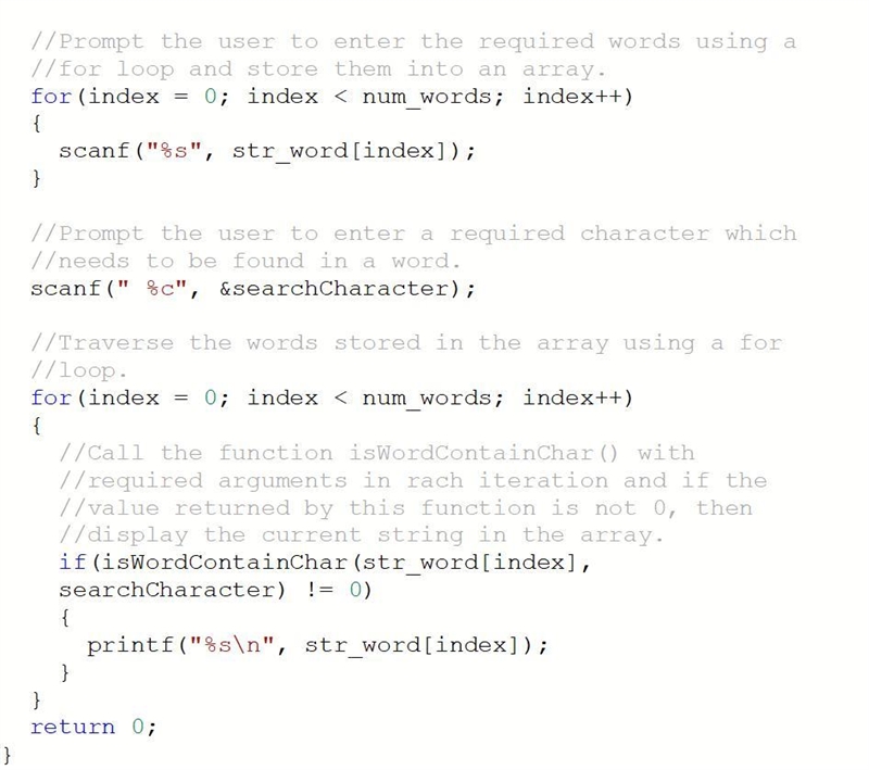 Write a program that reads an integer, a list of words, and a character. The integer-example-2