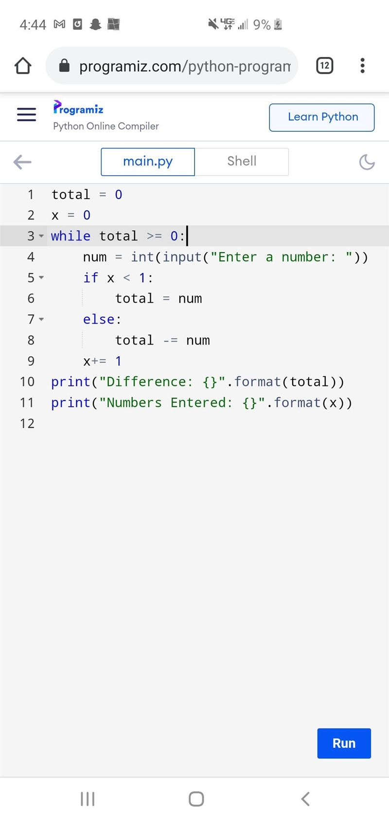 Write a program that inputs numbers and keeps a running difference. When the difference-example-1