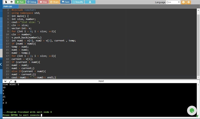 5.24 LAB: Two smallest numbers Write a program that reads a list of integers, and-example-1