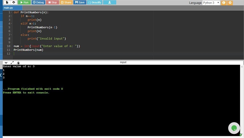 Design a recursive function that accepts an integer argument, n, and prints the numbers-example-1