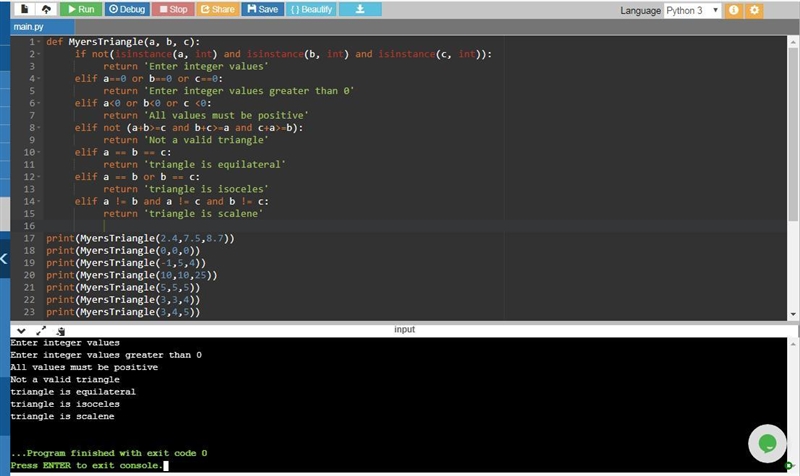 The Classic Triangle Testing Problem, (Myer's Triangle): A program reads three integer-example-1