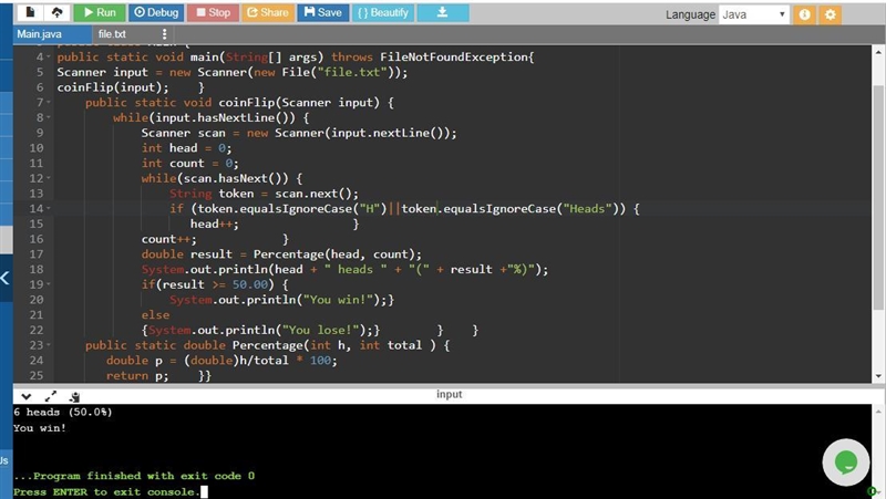 Write a method named coinFlip that accepts as its parameter a string holding a file-example-1