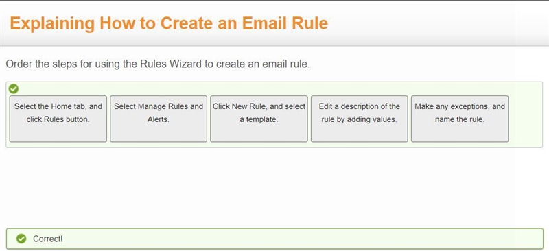 Order the steps for using the Rules Wizard to create an email rule.-example-1