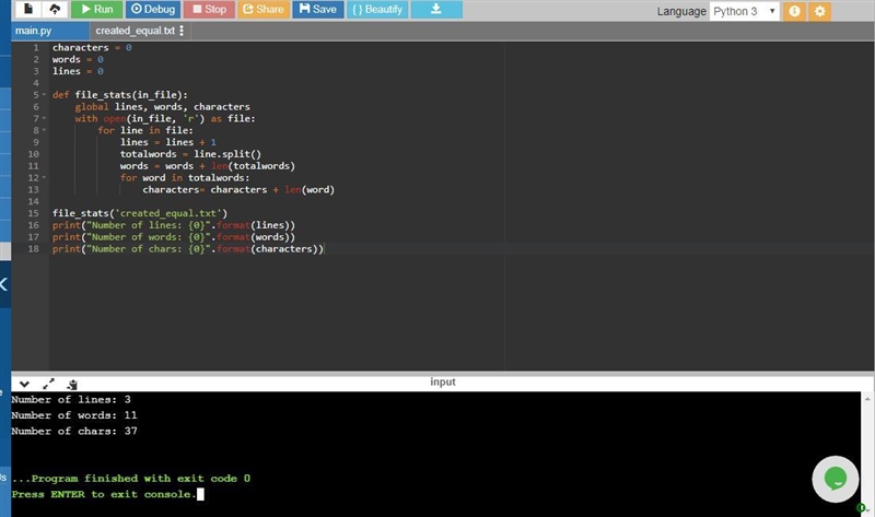 Write a function named file_stats that takes one string parameter (in_file) that is-example-1