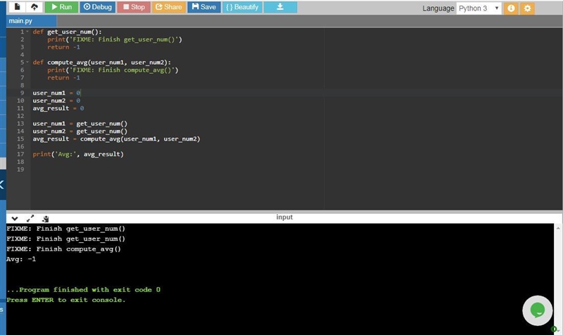 Define stubs for the functions get_user_num) and compute_avg). Each stub should print-example-1