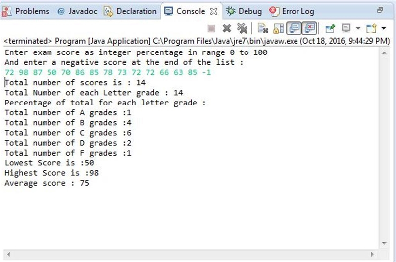 loop Write a program to read a list of exam scores given as integer percentages in-example-1