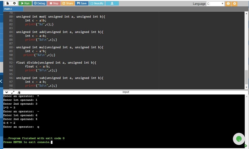 Write a C program to prform simple C aritlimetic calculations. The user is to enter-example-1