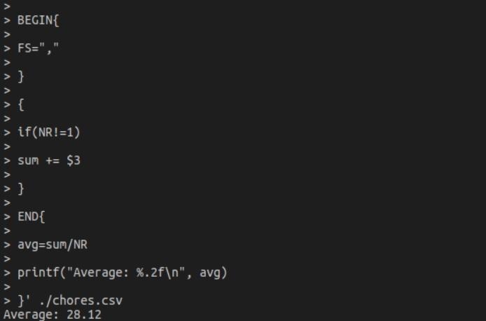 Using the chores.csv file fat the very bottom; write an awk script to return the average-example-1