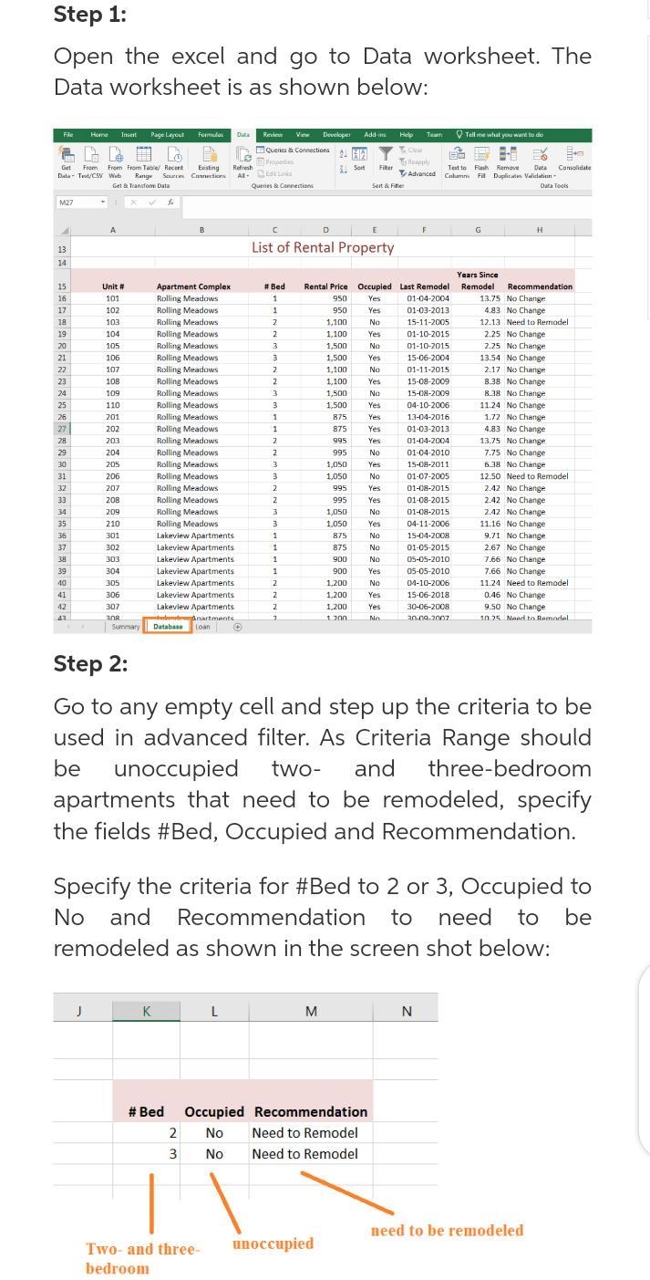 In the Database sheet, enter conditions in the criteria range for unoccupied two- and-example-3