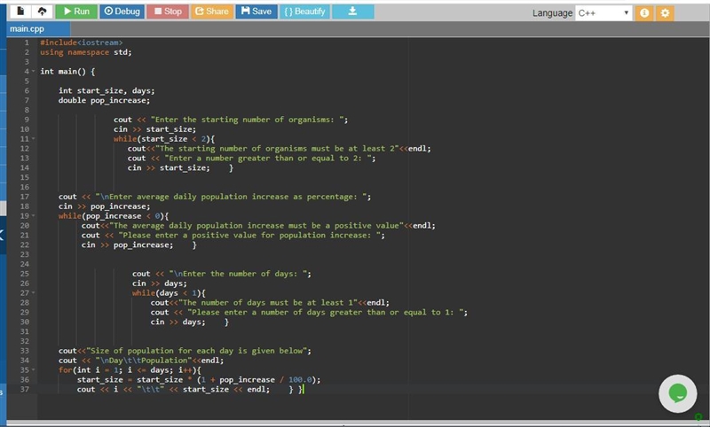 Write a program that will predict the size of a population of organisms. The program-example-1