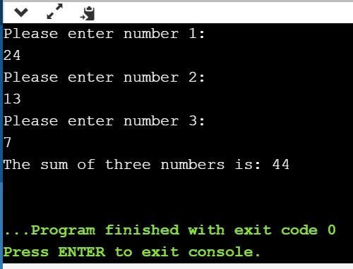 Write a function named print_sum that accepts three numbers as parameters and prints-example-1