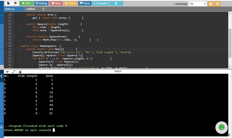 C# Create a program named DemoSquares that instantiates an array of 10 Square objects-example-1