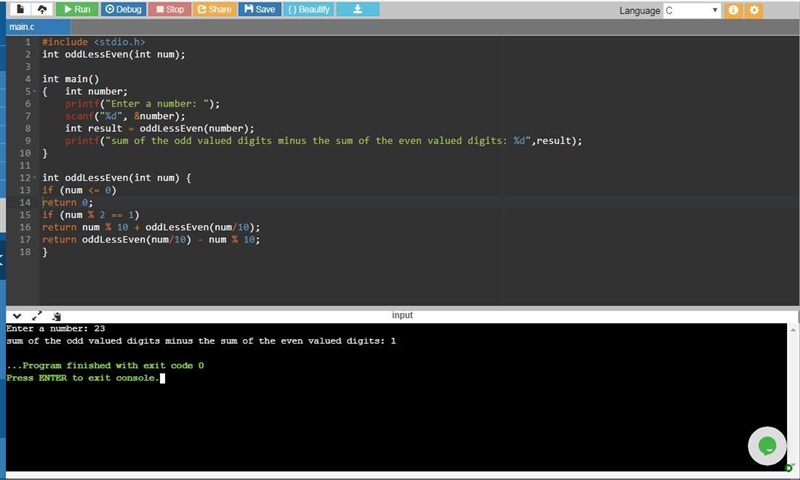 5. Write a function called oddLessEven that returns the sum of the odd valued digits-example-1