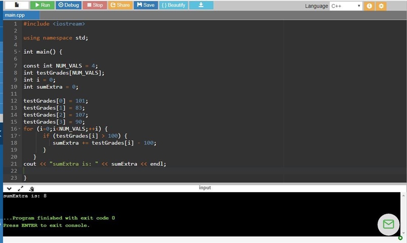 Array testGrades contains NUM_VALS test scores. Write a for loop that sets sumExtra-example-1