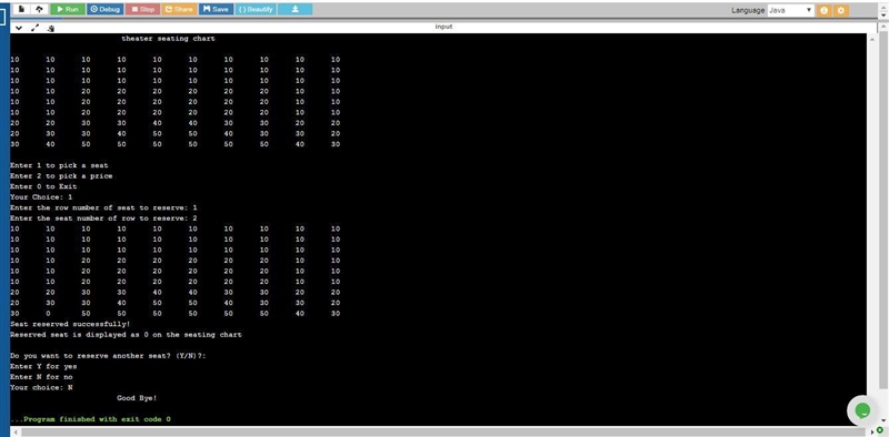 Write a program that prompts users to pick either a seat or a price. Mark sold seats-example-1