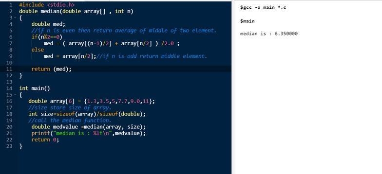 Write a function called median, that takes as parameter a full, sorted array of doubles-example-1