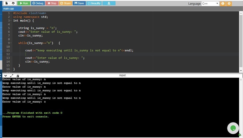 Assume we are testing a variable is_sunny in a while loop. is_sunny = “n”. Write a-example-1