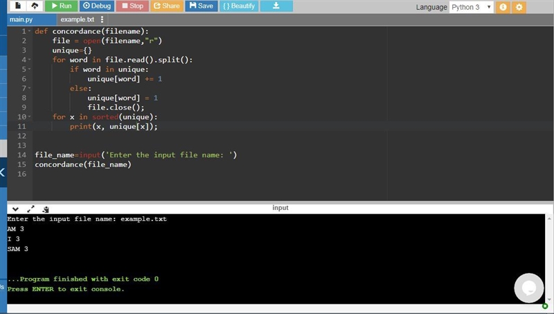 A file concordance tracks the unique words in a file and their frequencies. Write-example-1