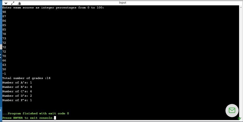 Write a program to read a list of exam scores given as integer percentages in the-example-1